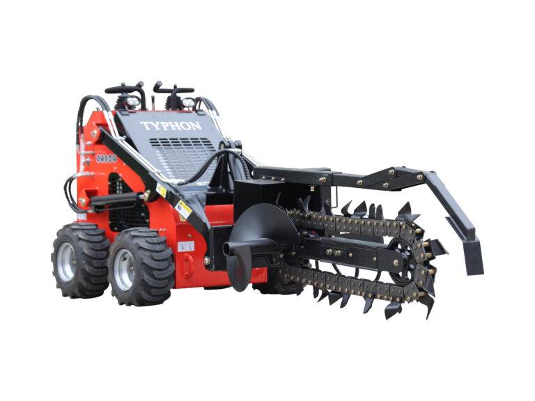 The TYPHON Skid Steer Loader Trencher Attachment is a type of excavating equipment that can be attached to a skid steer loader to dig trenches for various purposes.