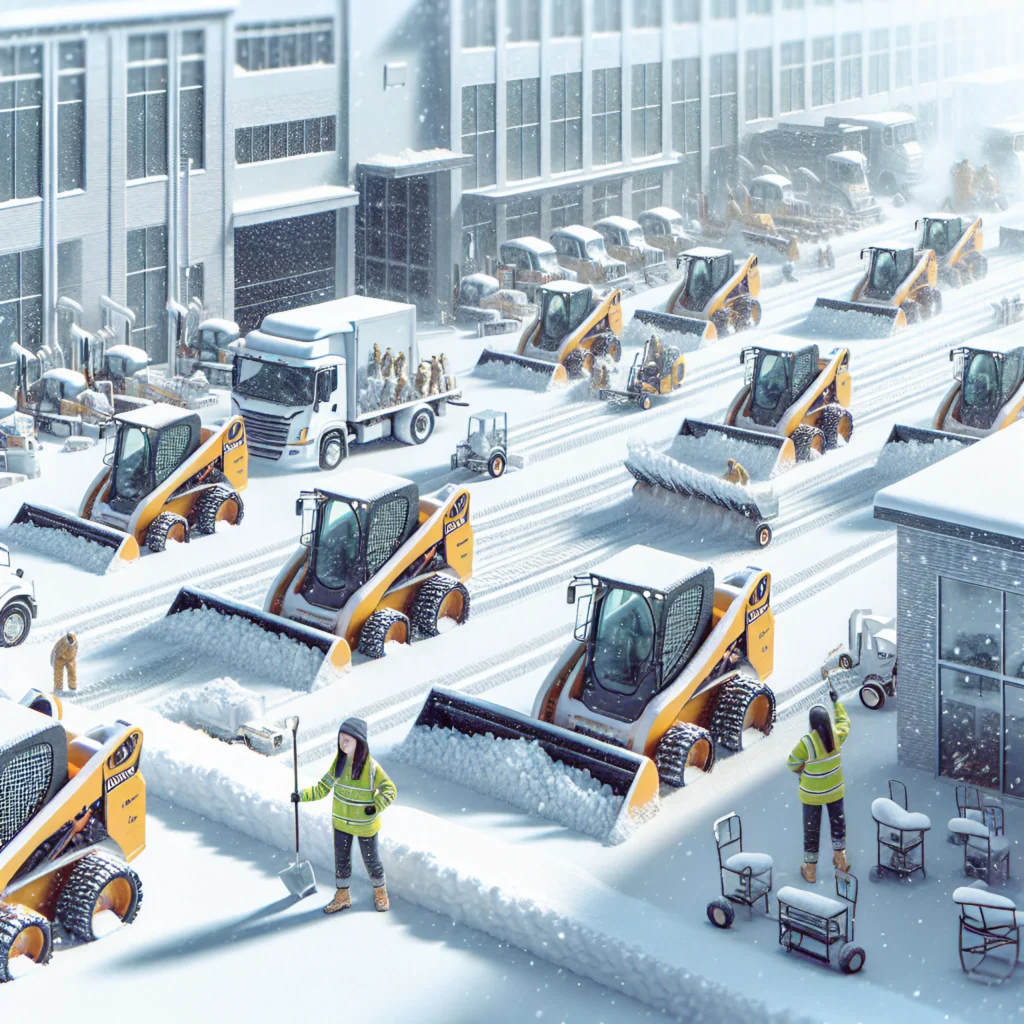 Snow Plowing In The Company Yard With Skid Steers