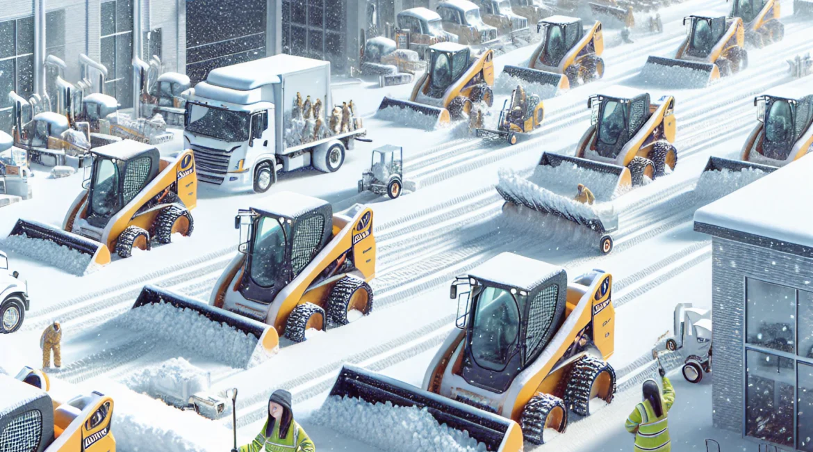 Snow Plowing In The Company Yard With Skid Steers