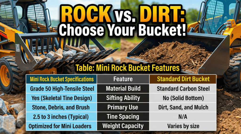 Mini Rock Bucket Attachment for Skid Steers