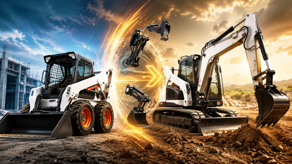 A skid steer into an excavator