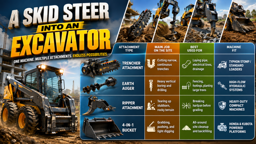 A skid steer into an excavator Table